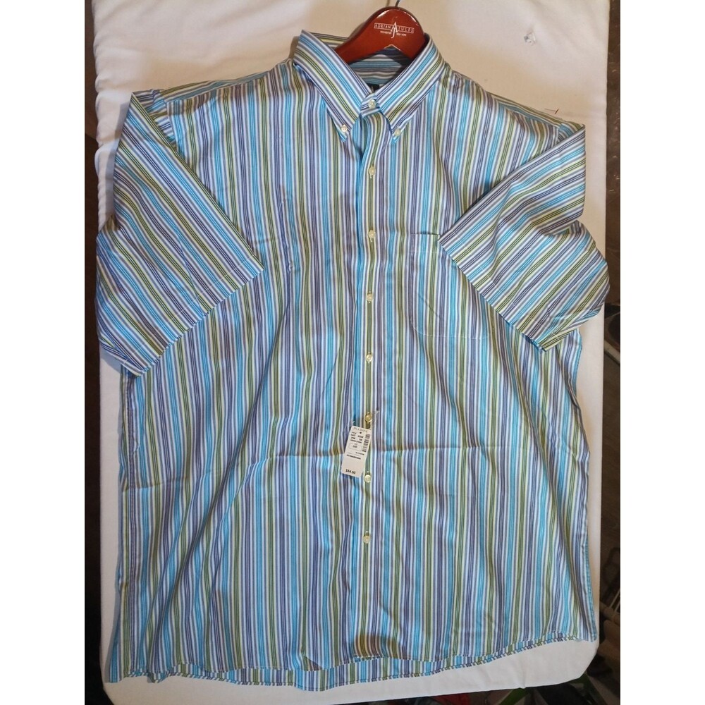 NWT Jos A Bank Travelers Mens Button Up Green Stripe XXLB Short Sleeve Collar